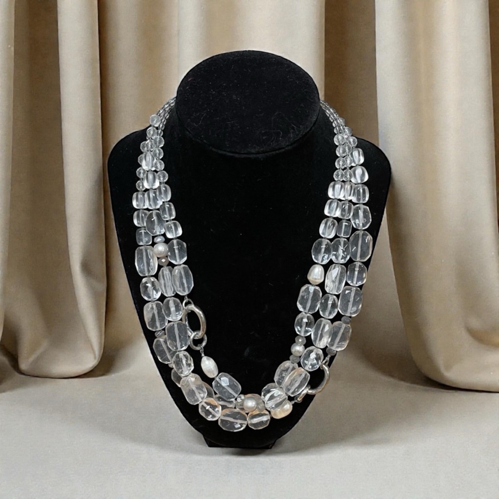SILPADA Ret. Sterling Triple-strand Genuine Rock Crystal and Pearl Necklace
